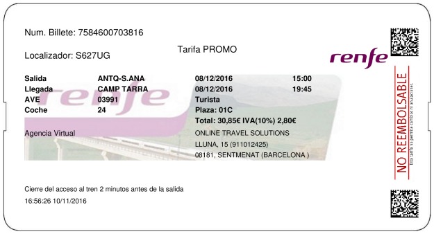 Billete AVE Antequera  Tarragona 08/12/2016