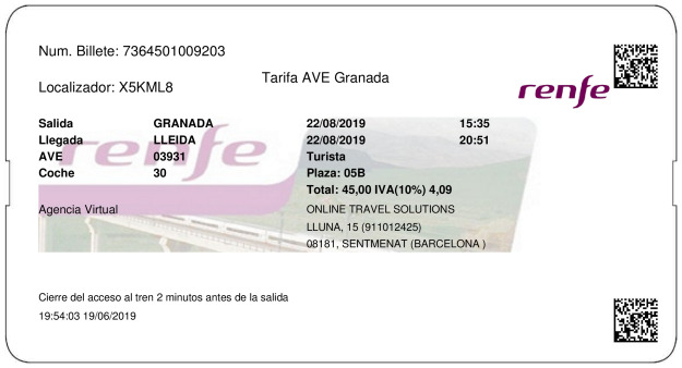 Billete AVE Granada  Lleida 22/08/2019