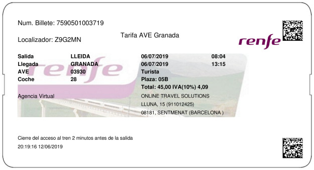 Billete AVE Lleida  Granada 06/07/2019