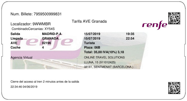 Billete AVE Madrid  Granada 15/07/2019