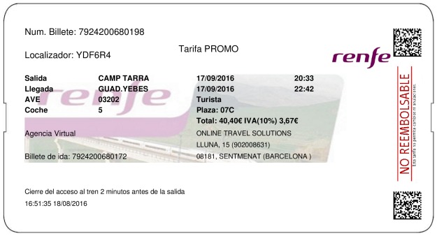 Billete AVE Tarragona  Guadalajara 17/09/2016