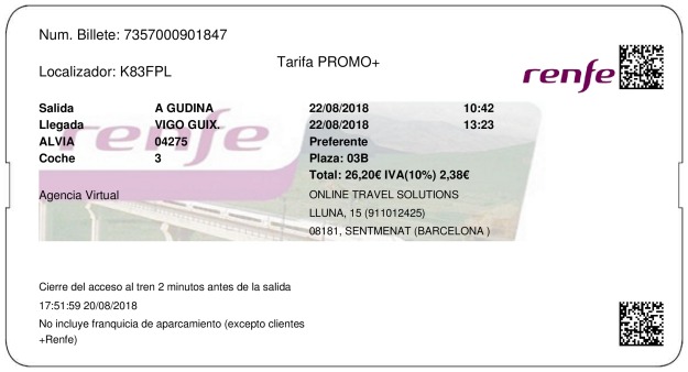 Billete Tren A Gudiña  Vigo 22/08/2018