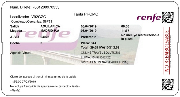 Billete Tren Aguilar De Campoo  Madrid 08/04/2019