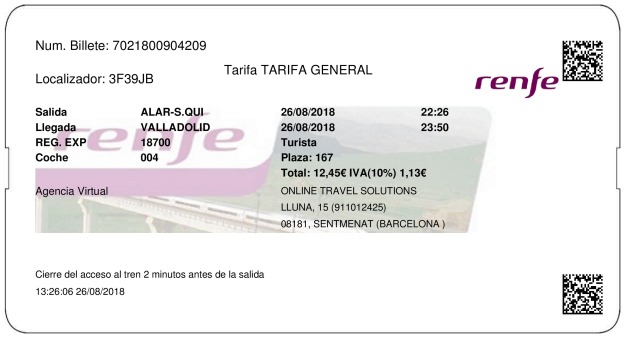 Billete Tren Alar Del Rey  Valladolid 26/08/2018