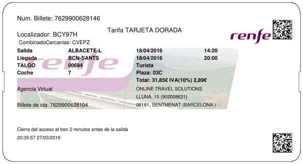 Billete Tren Albacete  Barcelona 18/04/2016