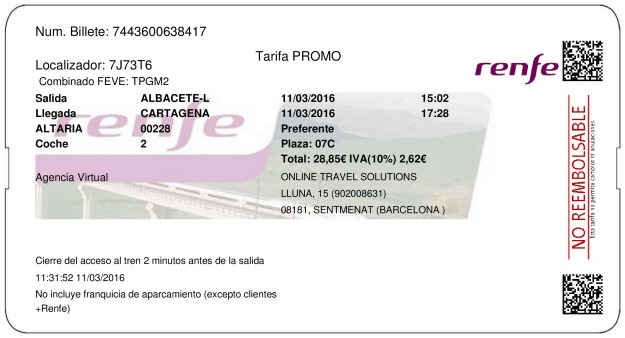 Billete Tren Albacete  Cartagena 11/03/2016