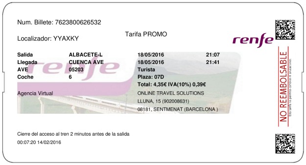 Billete Tren Albacete  Cuenca 18/05/2016