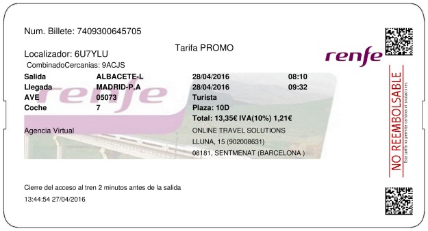 Billete Tren Albacete  Madrid 28/04/2016