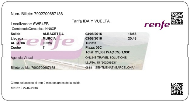 Billete Tren Albacete  Murcia 03/08/2016