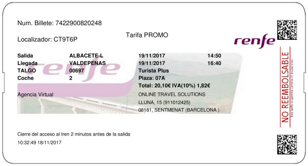 Billete Tren Albacete  Valdepeñas 19/11/2017