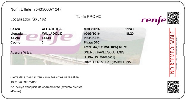 Billete Tren Albacete  Valladolid 10/08/2016