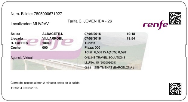 Billete Tren Albacete  Villarrobledo 07/08/2016