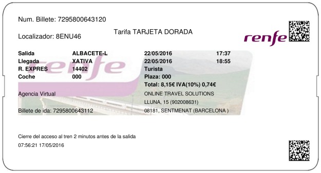 Billete Tren Albacete  Xàtiva 22/05/2016