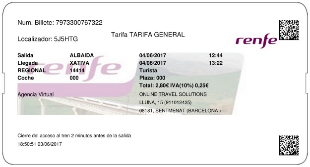 Billete Tren Albaida  Xàtiva 04/06/2017