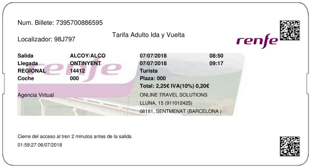 Billete Tren Alcoy  Ontinyent 07/07/2018