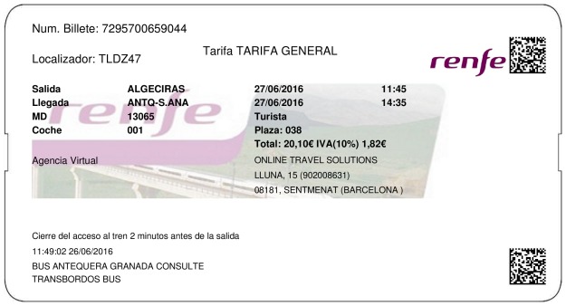 Billete Tren Algeciras  Antequera 27/06/2016