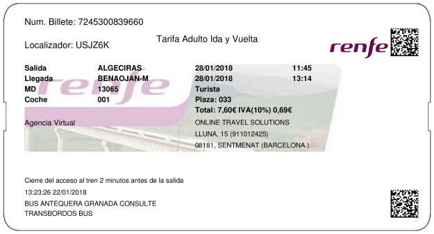 Billete Tren Algeciras  Benaoján 28/01/2018