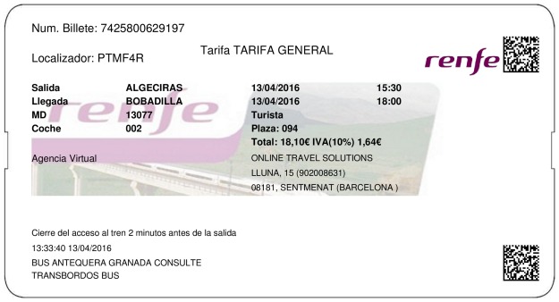 Billete Tren Algeciras  Bobadilla 13/04/2016