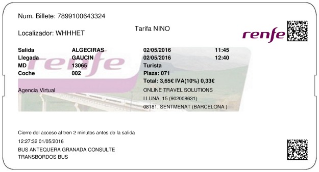 Billete Tren Algeciras  Gaucín 02/05/2016