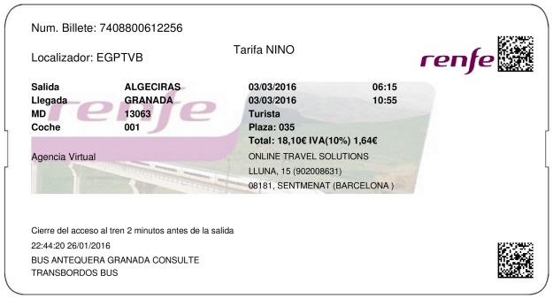 Billete Tren Algeciras  Granada 03/03/2016