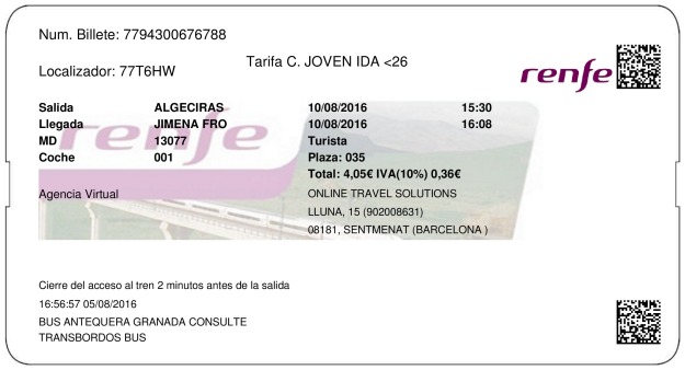 Billete Tren Algeciras  Jimena De La Frontera 10/08/2016