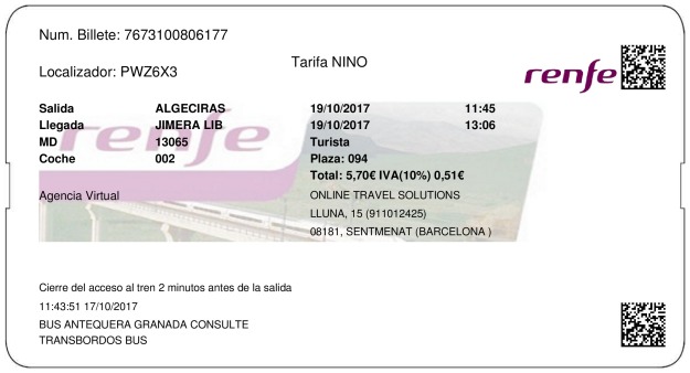 Billete Tren Algeciras  Jimera de Líbar 19/10/2017