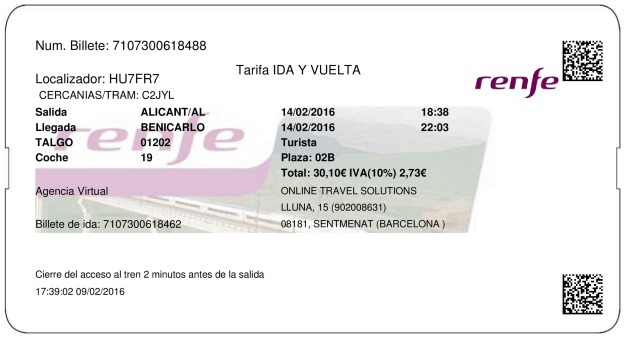 Billete Tren Alicante  Benicarló 14/02/2016