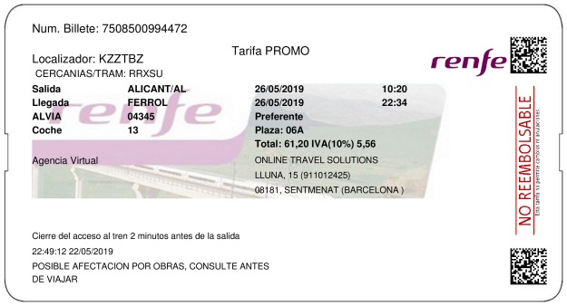 Billete Tren Alicante  Ferrol 26/05/2019