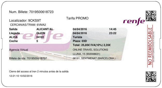 Billete Tren Alicante  Gijón 04/04/2016