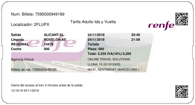 Billete Tren Alicante  Novelda 24/11/2018