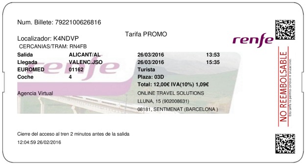 Billete Tren Alicante  Valencia 26/03/2016