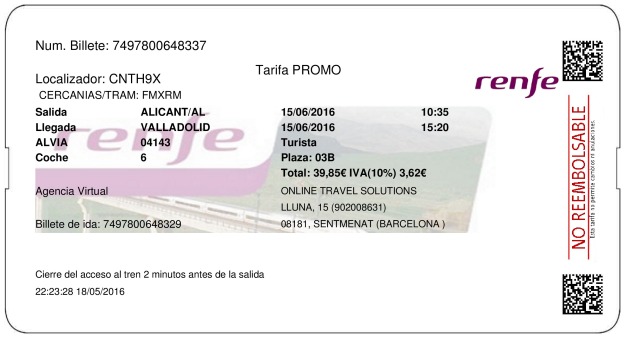 Billete Tren Alicante  Valladolid 15/06/2016