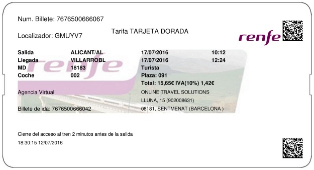 Billete Tren Alicante  Villarrobledo 17/07/2016