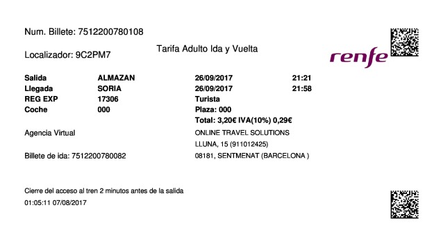 Billete Tren Almazán  Soria 26/09/2017