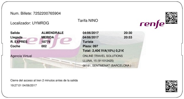 Billete Tren Almendralejo  Mérida 04/06/2017