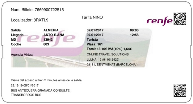Billete Tren Almería  Antequera 07/01/2017