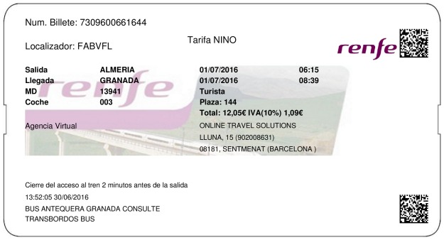 Billete Tren Almeria  Granada 01/07/2016