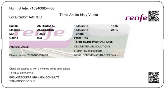 Billete Tren Antequera  Algeciras 16/09/2016