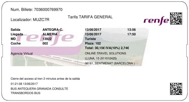 Billete Tren Antequera  Almería 13/06/2017