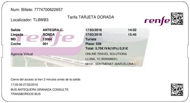 Billete Tren Antequera  Ronda 17/03/2016