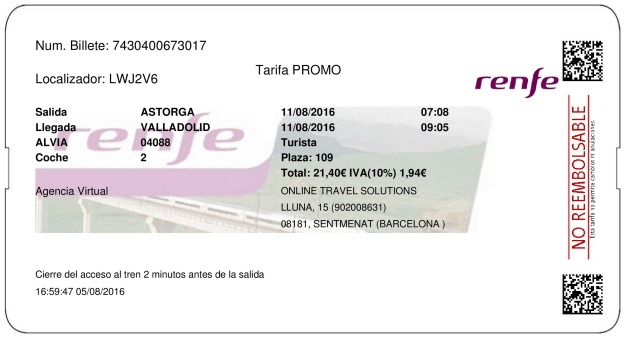 Billete Tren Astorga  Valladolid 11/08/2016