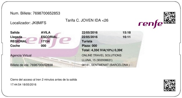 Billete Tren Ávila  El Escorial 22/05/2016