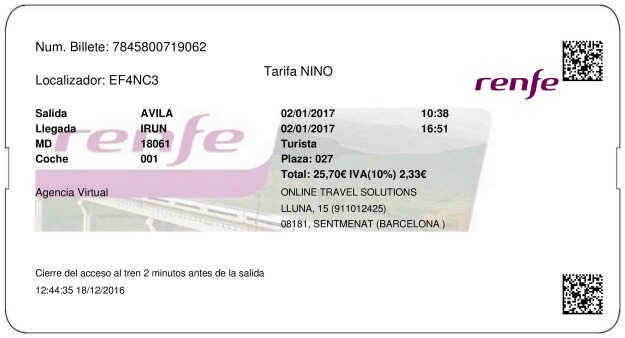 Billete Tren Ávila  Irún 02/01/2017