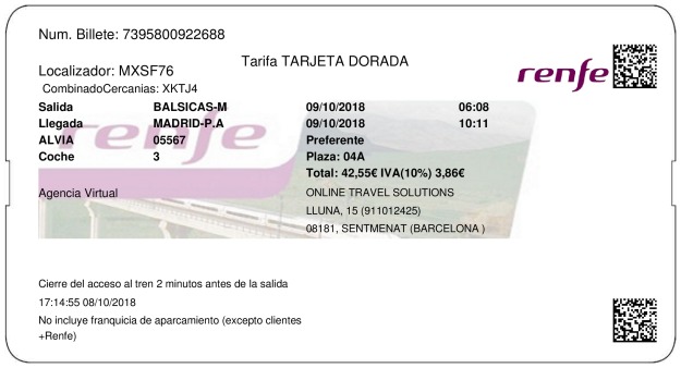 Billete Tren Balsicas  Madrid 09/10/2018