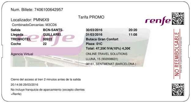 Billete Tren Barcelona  Guillarei 30/03/2016