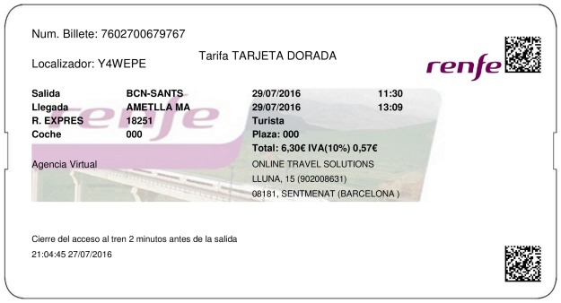 Billete Tren Barcelone  L'Ametlla De Mar 29/07/2016