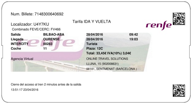 Billete Tren Bilbao  Ourense 28/04/2016