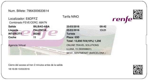 Billete Tren Bilbao  Palencia 25/03/2016