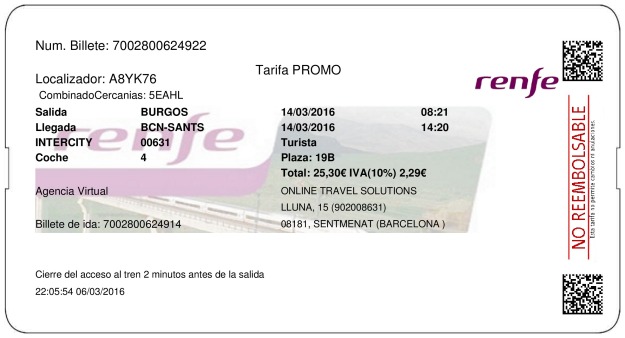 Billete Tren Burgos  Barcelona 14/03/2016