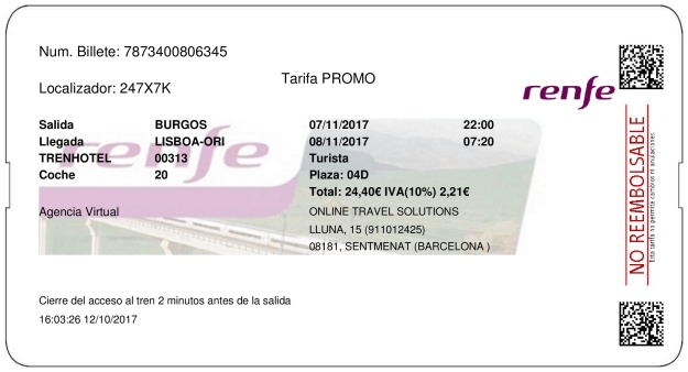 Billete Tren Burgos  Lisboa 07/11/2017